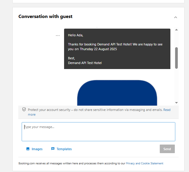 Booking.com Extranet showing auto-reply welcome message